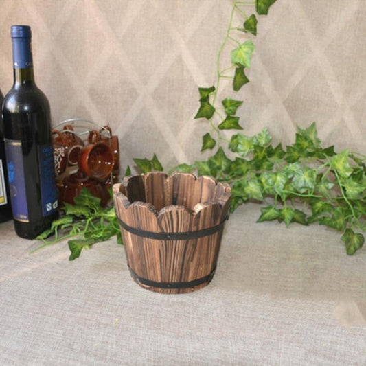 Balcony Vegetable Succulent Carbonized Wood Flower Pot Retro Small Wooden Bucket Home Decoration, Size:M, Style:Wave Mouth by bashfashion