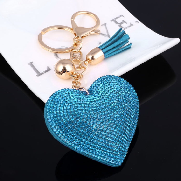 Heart Keychain Leather Tassel Gold Key Holder Metal Crystal Key Chain Keyring Charm Bag Auto Pendant Gift(light blue) by bashfashion