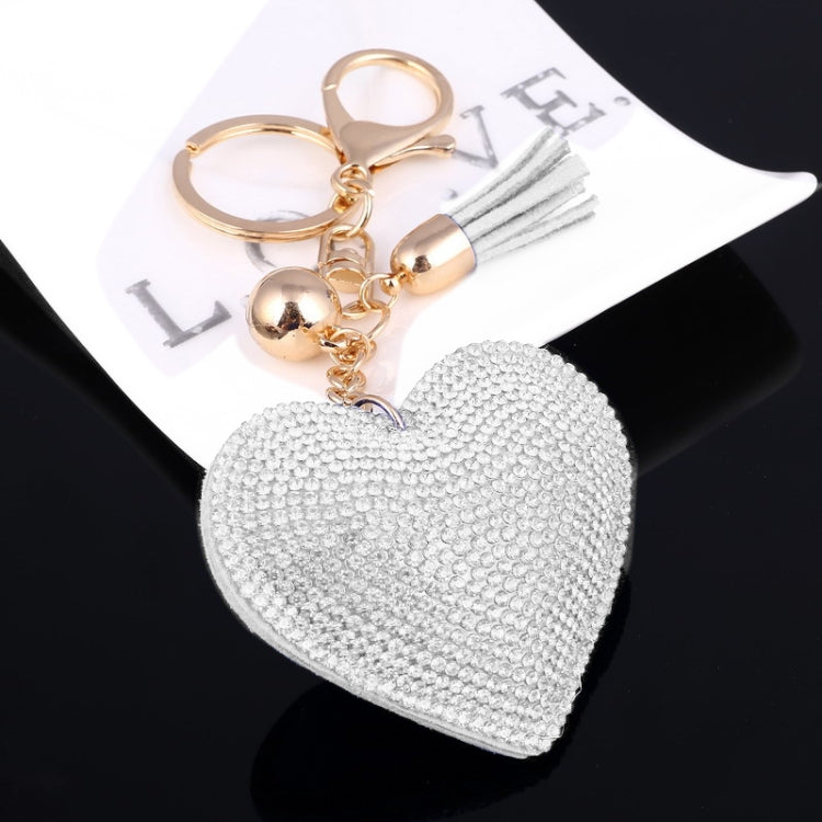 Heart Keychain Leather Tassel Gold Key Holder Metal Crystal Key Chain Keyring Charm Bag Auto Pendant Gift(white) by bashfashion