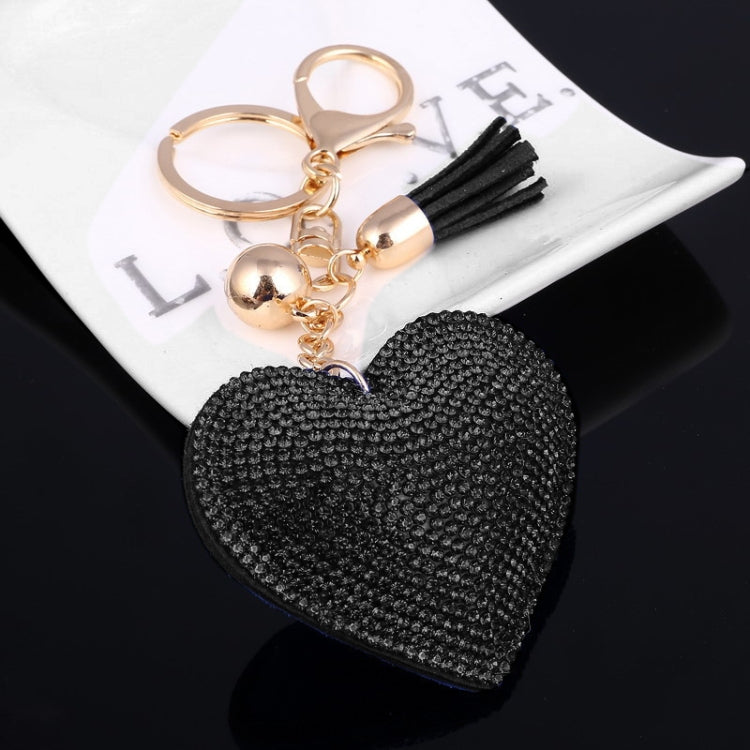 Heart Keychain Leather Tassel Gold Key Holder Metal Crystal Key Chain Keyring Charm Bag Auto Pendant Gift(black) by bashfashion