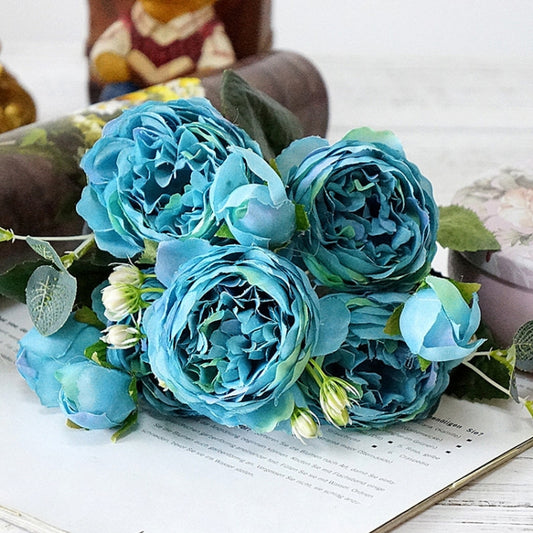 Beautiful Rose Peony Artificial Silk Flowers Small Bouquet Fores Home Party Spring Wedding Decoration Fake Flower(Blue) by bashfashion