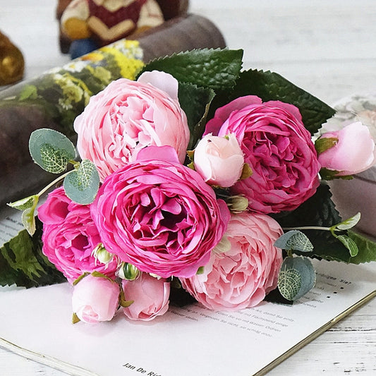 Beautiful Rose Peony Artificial Silk Flowers Small Bouquet Fores Home Party Spring Wedding Decoration Fake Flower(Pink and dark pink) by bashfashion