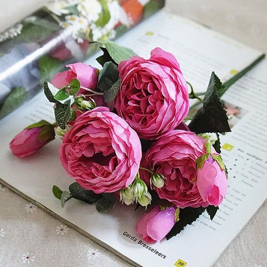 Beautiful Rose Peony Artificial Silk Flowers Small Bouquet Fores Home Party Spring Wedding Decoration Fake Flower(Dark Pink) by bashfashion