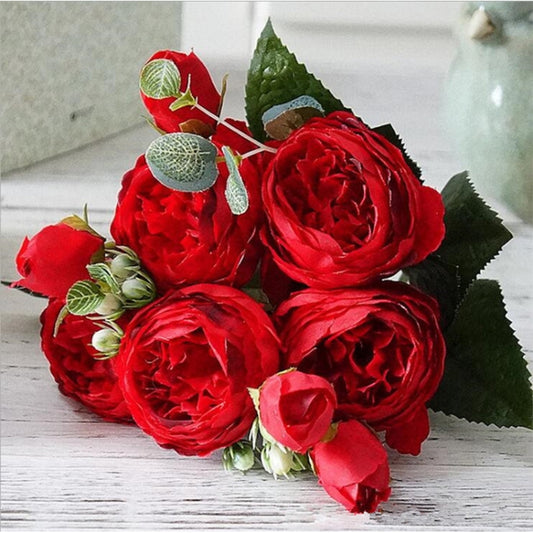Beautiful Rose Peony Artificial Silk Flowers Small Bouquet Fores Home Party Spring Wedding Decoration Fake Flower(Red) by bashfashion