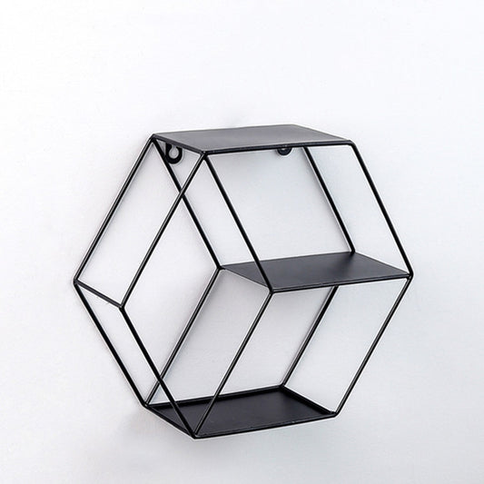 Hanging Wrought Iron Hexagonal Grid Wall Shelf Home Decoration(Black) by bashfashion