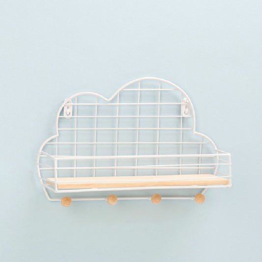 Wrought Iron Grid Cloud Shaped Wall Mounted Shelf Wood Board Home Decoration Hook Rack(White) by bashfashion