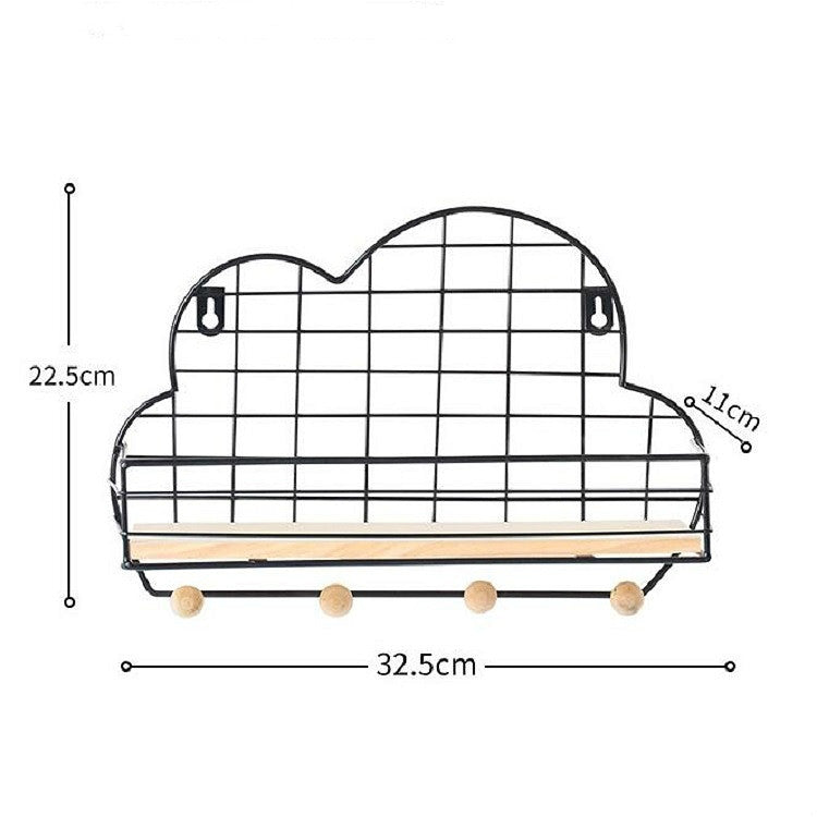 Wrought Iron Grid Cloud Shaped Wall Mounted Shelf Wood Board Home Decoration Hook Rack(White) by bashfashion