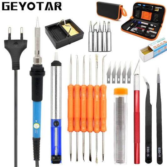 60W Adjustable Temperature Electric Soldering Iron Kit + 5 PCS Tips Portable Welding Repair Tool Tweezers Hobby knife 110V, Plug Type:US Plug(Orange) by bashfashion