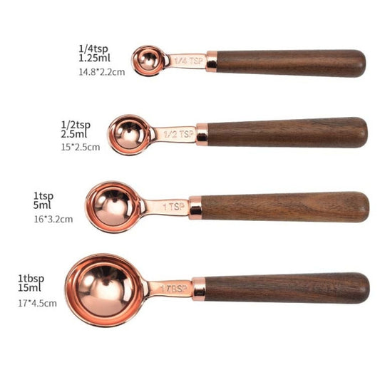 4 PCS / Set Measuring Spoon Walnut Handle Copper-Plated Kitchen Baking Tools Bartender Scale Measuring Set by bashfashion