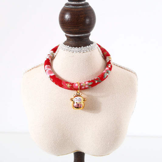 Lucky Cat Copper Bell Adjustable Pet Cat Dog Collar Necklace, Size:S 20-25cm(Red Flowers) by bashfashion