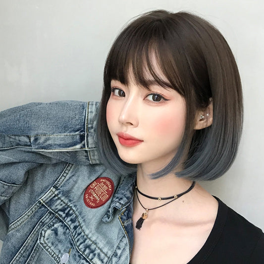 Wig Female Short Hair Bobo Student Head Round Face Full Top Headgear Natural Gradient Color Internal Buckle Straight Hair(Gradient Haze Blue 30CM) by bashfashion