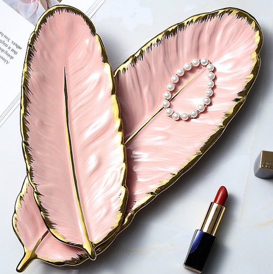 Phnom Penh Ceramic Dessert Plate Feather Plate Banana Leaf Fruit Dried Fruit Storage Tray, Size: Large (Bright Peach Pink) by bashfashion