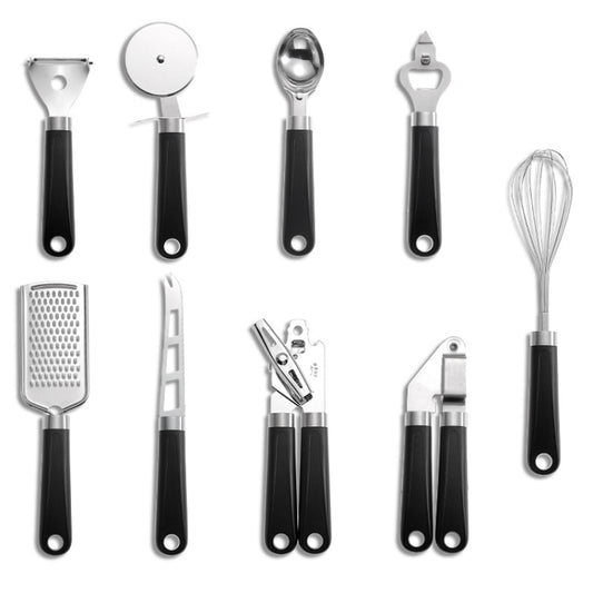 9 in 1 Plastic Handle Stainless Steel Kitchen Utensils Household Gadget Set(Black) by bashfashion