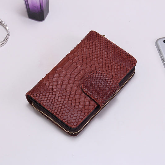 Ladies Python Texture Leather Clutch Embossed Zipper Wallet(Brown) by bashfashion