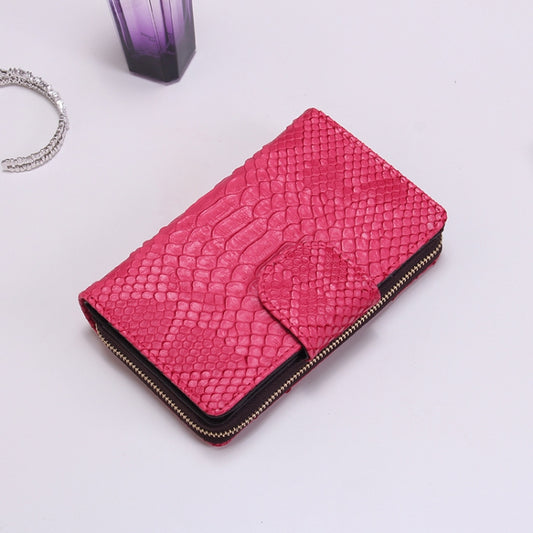 Ladies Python Texture Leather Clutch Embossed Zipper Wallet(Rose Red) by bashfashion