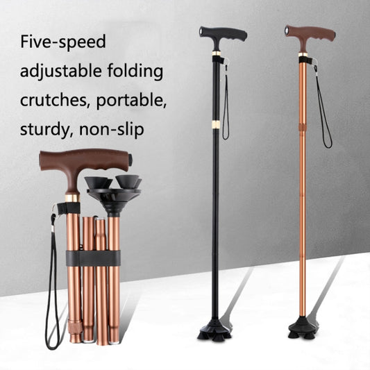 TBS-009 Four-Legged Folding Elderly Crutches Aluminum Alloy Light And Multifunctional Non-Slip Crutches With Light(Brown) by bashfashion