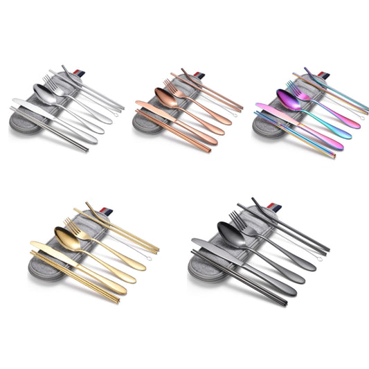 7 in 1 Cutlery Spoon Chopsticks And Straw Set Stainless Steel Portable Cutlery Set, Specification: Black+ Light Bag by bashfashion