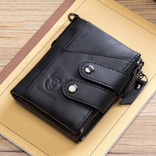 BULL CAPTAIN Leather Three-fold Zipper Wallet For Men(Black) by BULL CAPTAIN