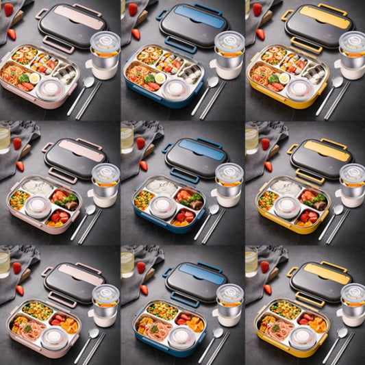 304 Stainless Steel Double-Layer Large-Capacity Portable Lunch Box, Color: Lemon Yellow(Medium 5 Grids) by bashfashion