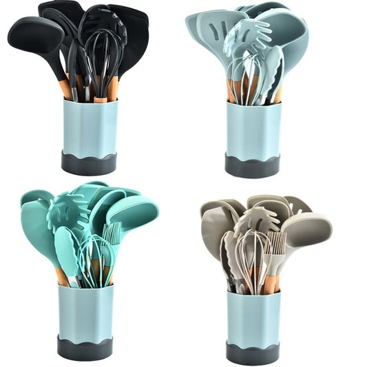 Beech Wood Silicone Kitchen Set With Storage Bucket(Green) by bashfashion