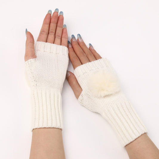 Autumn And Winter Women Fingerless Fur Ball Gloves Knitted Wool Warm Sleeves(White) by bashfashion