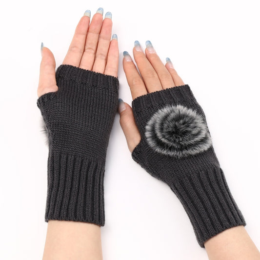 Autumn And Winter Women Fingerless Fur Ball Gloves Knitted Wool Warm Sleeves(Dark Gray) by bashfashion