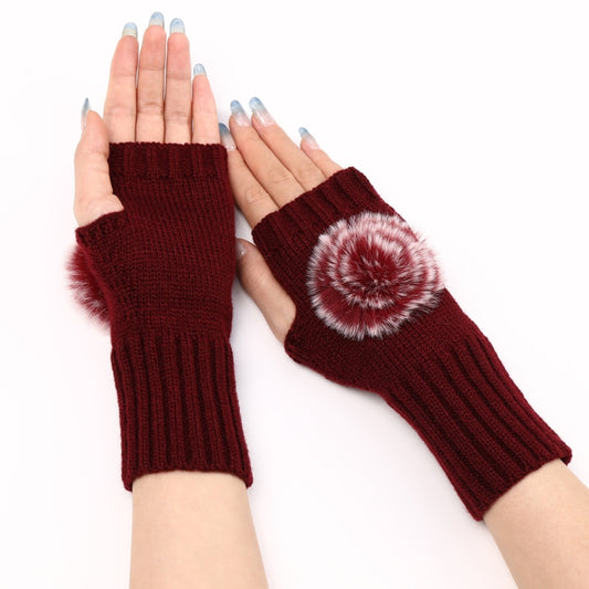 Autumn And Winter Women Fingerless Fur Ball Gloves Knitted Wool Warm Sleeves(Wine Red) by bashfashion