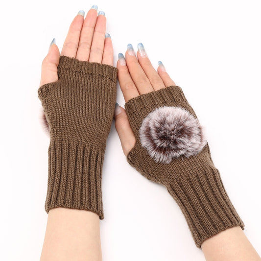 Autumn And Winter Women Fingerless Fur Ball Gloves Knitted Wool Warm Sleeves(Khaki) by bashfashion