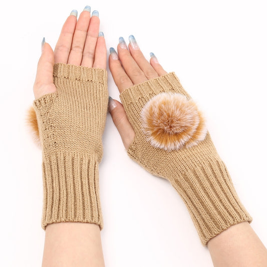Autumn And Winter Women Fingerless Fur Ball Gloves Knitted Wool Warm Sleeves(Cream Color) by bashfashion