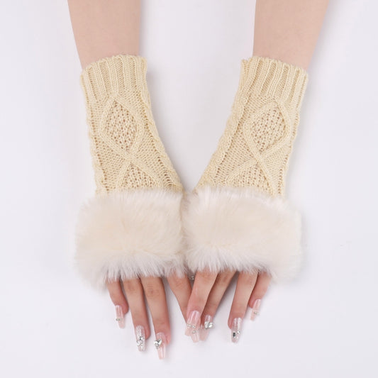 Ladies Short Type Furry Gloves Diamond Knit Warm Fingerless Arm Sleeves(Beige) by bashfashion