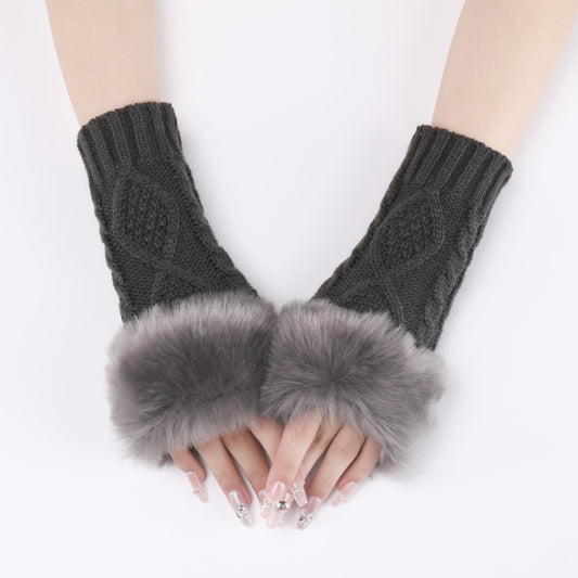 Ladies Short Type Furry Gloves Diamond Knit Warm Fingerless Arm Sleeves(Dark Gray) by bashfashion