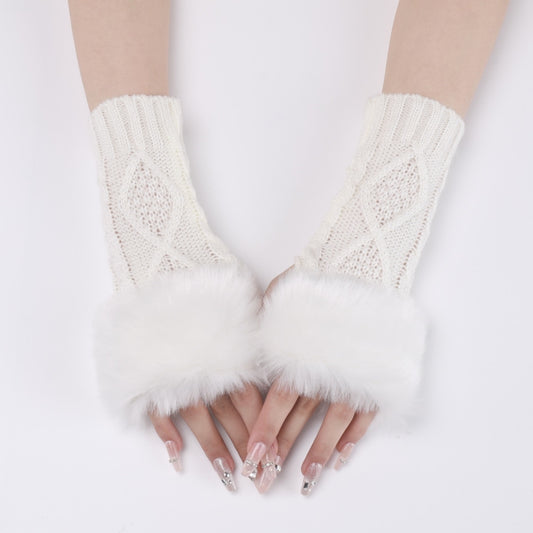 Ladies Short Type Furry Gloves Diamond Knit Warm Fingerless Arm Sleeves(White) by bashfashion