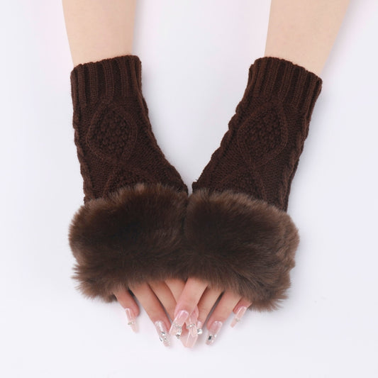 Ladies Short Type Furry Gloves Diamond Knit Warm Fingerless Arm Sleeves(Coffee) by bashfashion