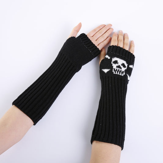 Jacquard Skull Fingerless Warm Gloves Knit Ski Gloves(Black) by bashfashion