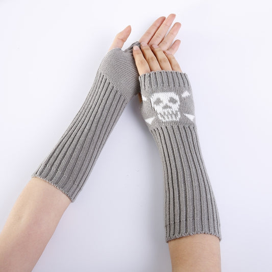 Jacquard Skull Fingerless Warm Gloves Knit Ski Gloves(Shallow Gray) by bashfashion