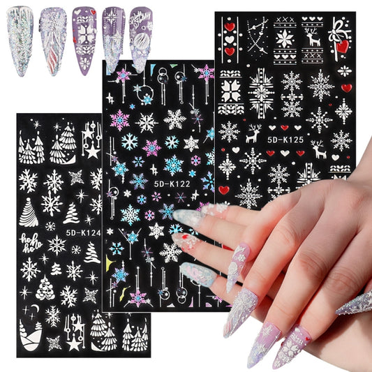 3 PCS 5D Embossed Nail Stickers Christmas Snowflake Elk Nail Stickers(5D-K122) by bashfashion