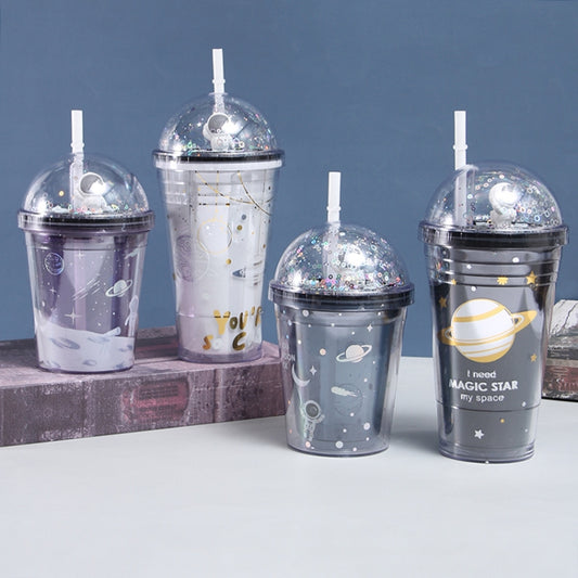 Double Star Plastic Cup Cartoon Water Cup With Straw, Color: 350ml Black by bashfashion