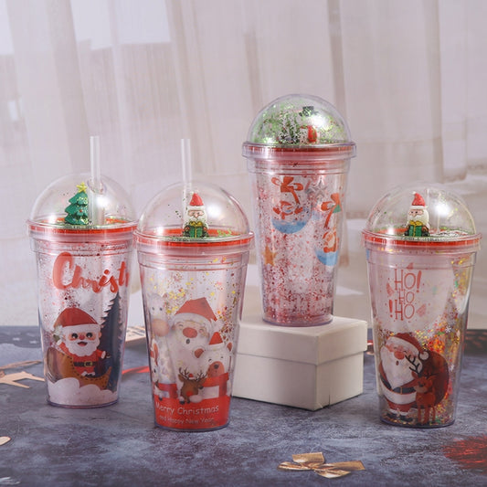 500ml Santa Claus Cartoon Portable Plastic Cup Double Micro Landscape Juice Cup(Style 1) by bashfashion