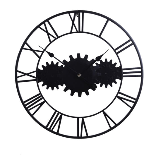 60cm Vintage Iron Round Gear Wall Clock Silent Large Art Clock(Black+Black Needle) by bashfashion
