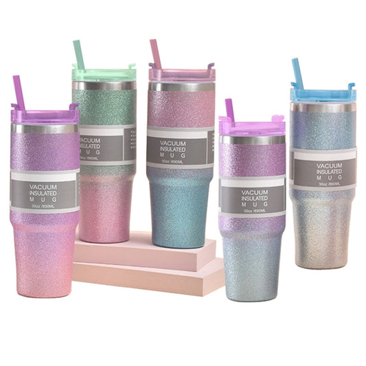 30oz Glitter Insulation Coffee Cup Double Layer Ice Cup Stainless Steel Car Cup With Straw(Purple Blue) by bashfashion