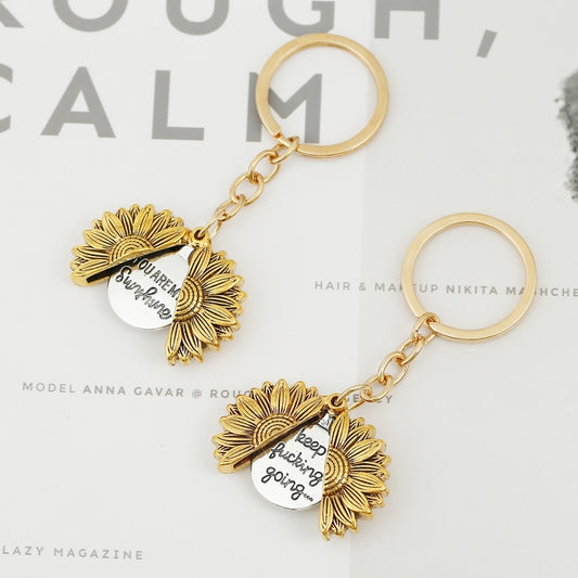 N2003-28 Ancient Gold Keychain Alloy Sunflowers Shape Can Open Double Side Engraving Accessories Pendant by bashfashion