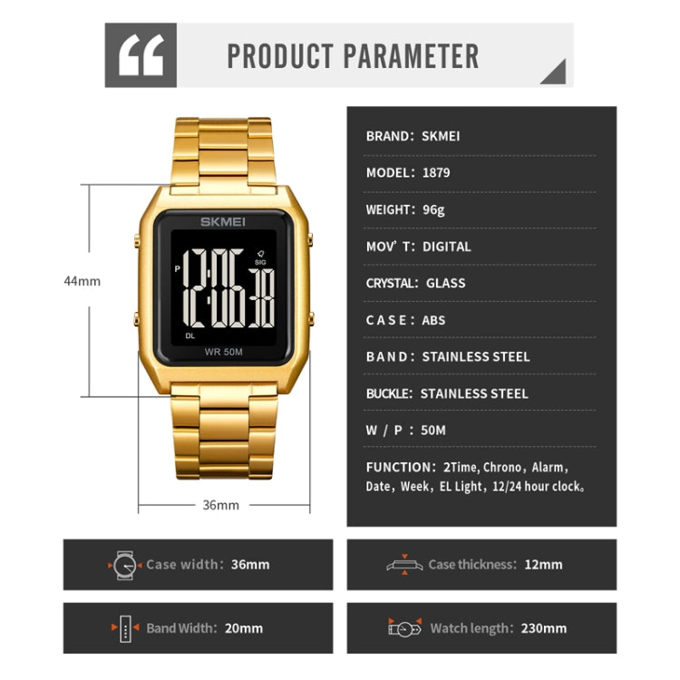 SKMEI 1879 Square Large Screen Men Steel Belt Multi-function EL Luminous Watch, Color: Black White Machine by SKMEI