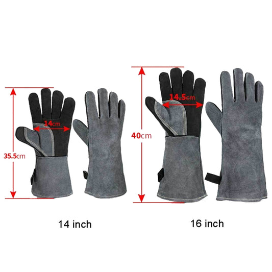 Cowhide BBQ Gloves Thickened Anti-hot Oven Welding Protection Gloves, Specification: A2415 16 inch Gray Black by bashfashion