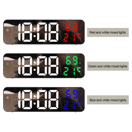 671 Mirror Screen Digital LED Alarm Clock USB Plug-in/Battery Dual-use With Temperature/Humidity Display(Black Shell White Red) by bashfashion
