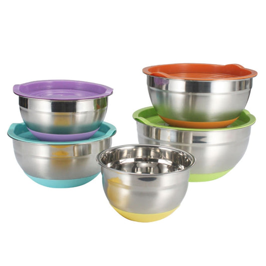 24cm With Colorful Silicone Bottom & Lid Salad Bowl Stainless Steel Thickened Basin(Color Random Delivery) by bashfashion