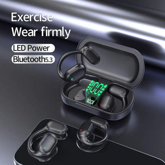 Air Conduction Ear-Hanging LED Digital Display Wireless ENC Noise Reduction Sports Bluetooth Earphones(Black) by bashfashion