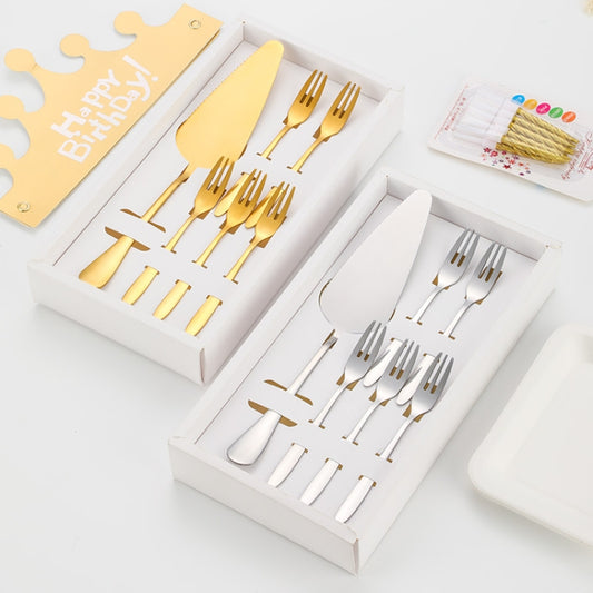 6pcs/set Stainless Steel Cake Knife And Fork Set, Color: Gold With 3-tine Forks by bashfashion