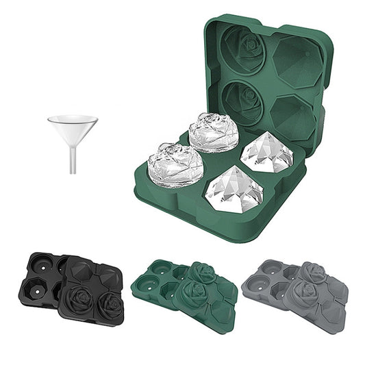 4-Holes Rose Diamond Shape Cocktail Ice Cube Molds Silicone Ice Ball Maker, Color: Gray with Ice Clip by bashfashion