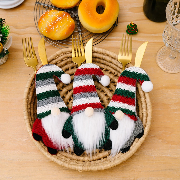 Christmas Table Decoration Cartoon Knitted Striped Knife and Fork Cover(Green) by bashfashion