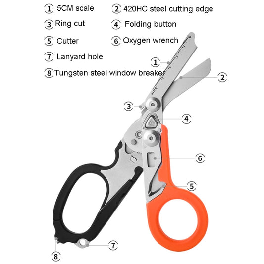 Multifunctional Outdoor First Aid Equipment Foldable Gadget Scissors(Black And Orange) by bashfashion